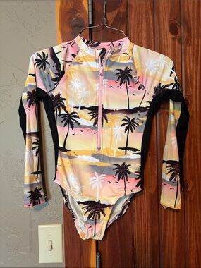 wonder nation Pink Yellow Black Palm-Print Rashguard Swimsuit